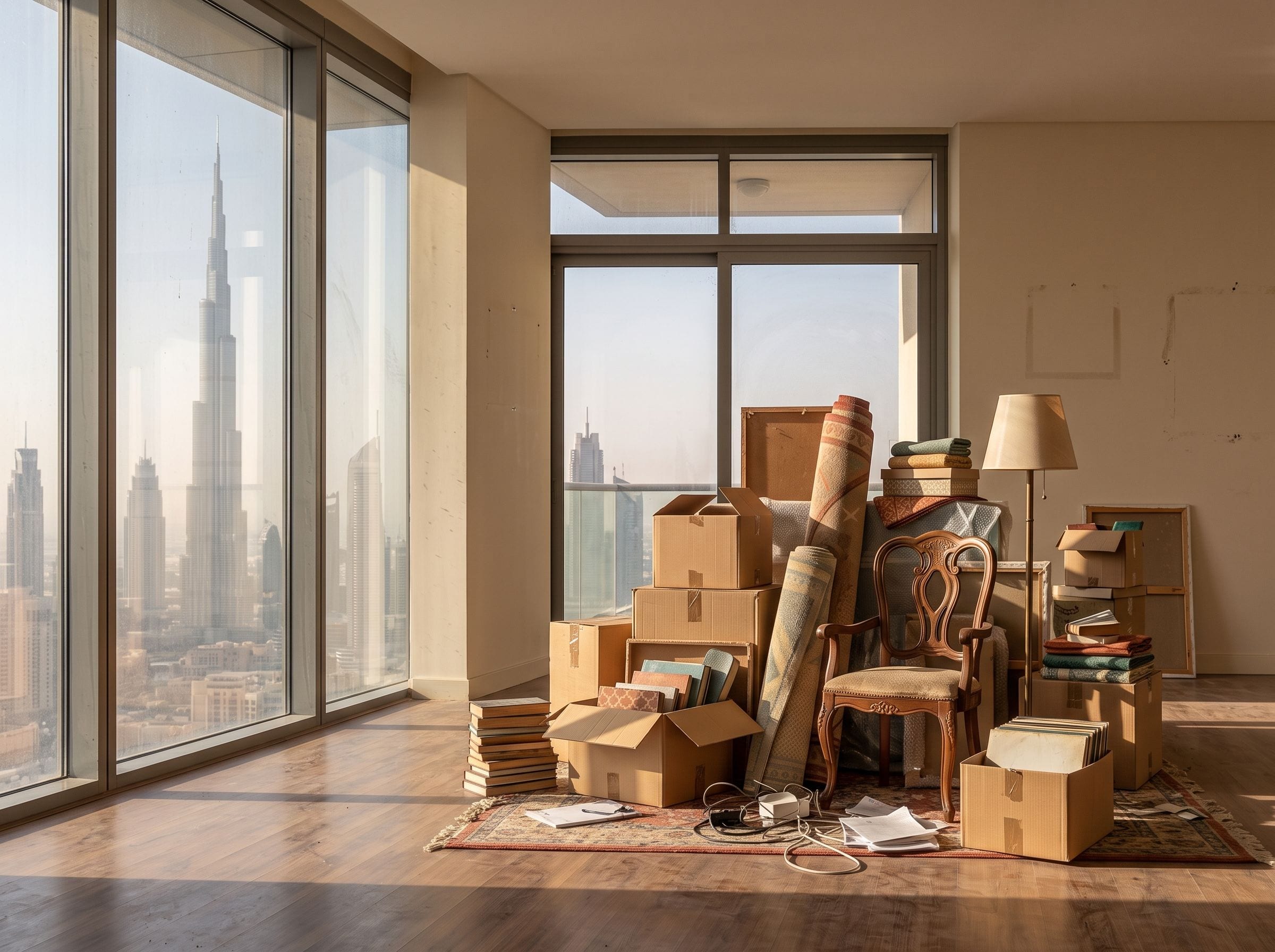 Boxes, a rolled rug, an armchair and a lamp gathered for collection in a high-rise apartment overlooking the Burj Khalifa