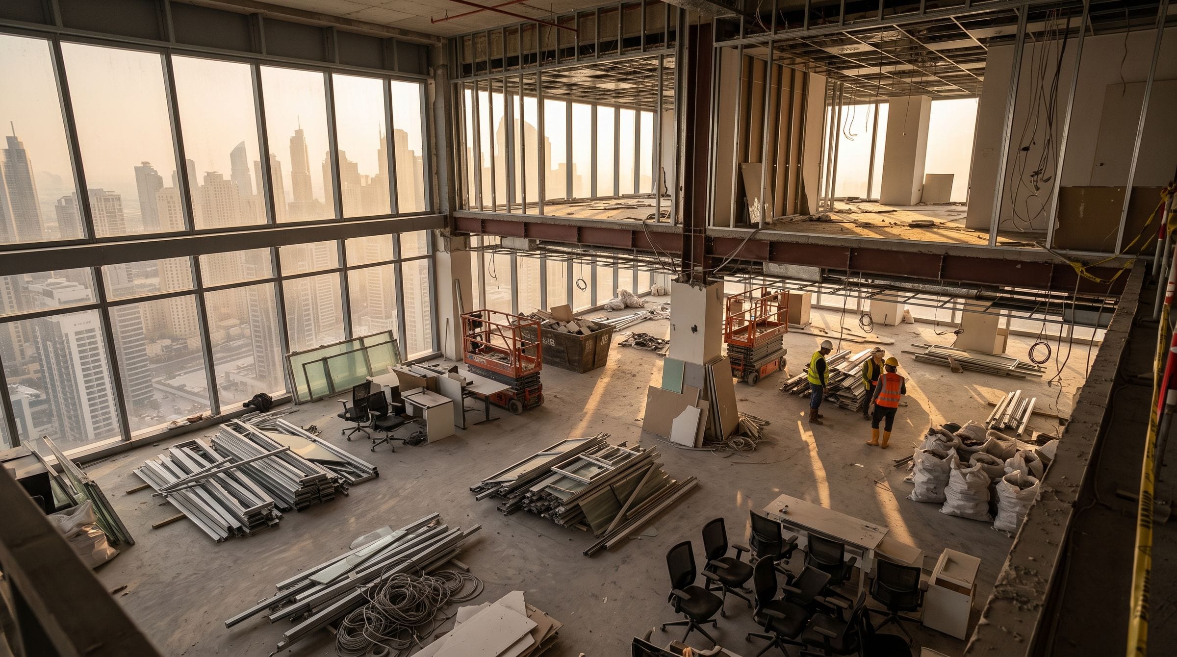 A high-rise office floor being stripped out, with stacked partitions, desks and office chairs waiting for removal