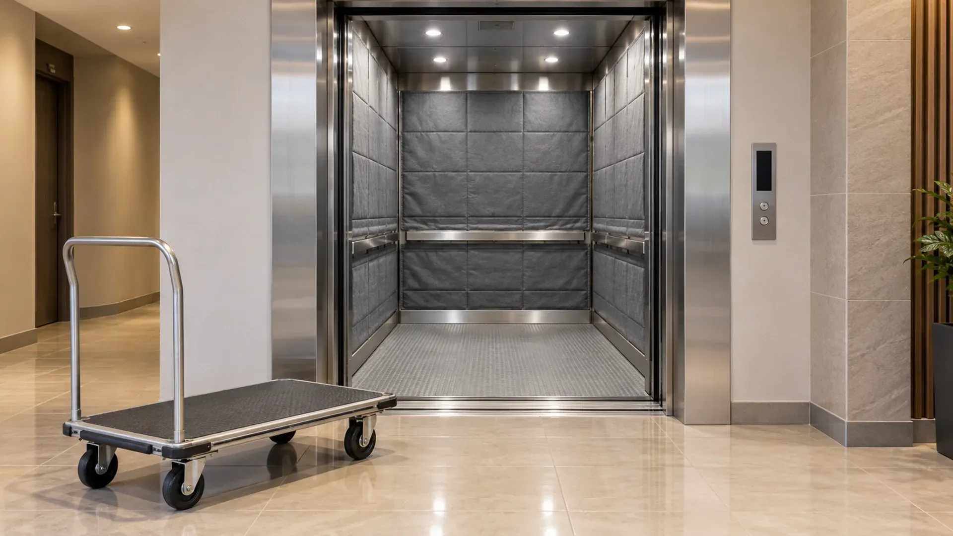 An open padded goods lift in a modern building with an empty flatbed trolley outside.