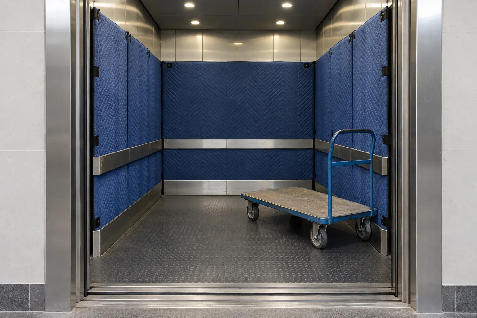 A goods lift interior protected with blue wall pads and an empty trolley.