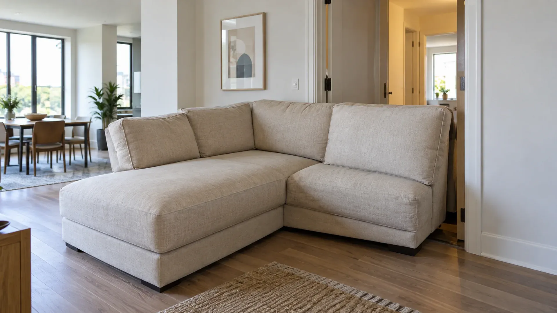 A large beige corner sofa positioned across a narrow apartment doorway.